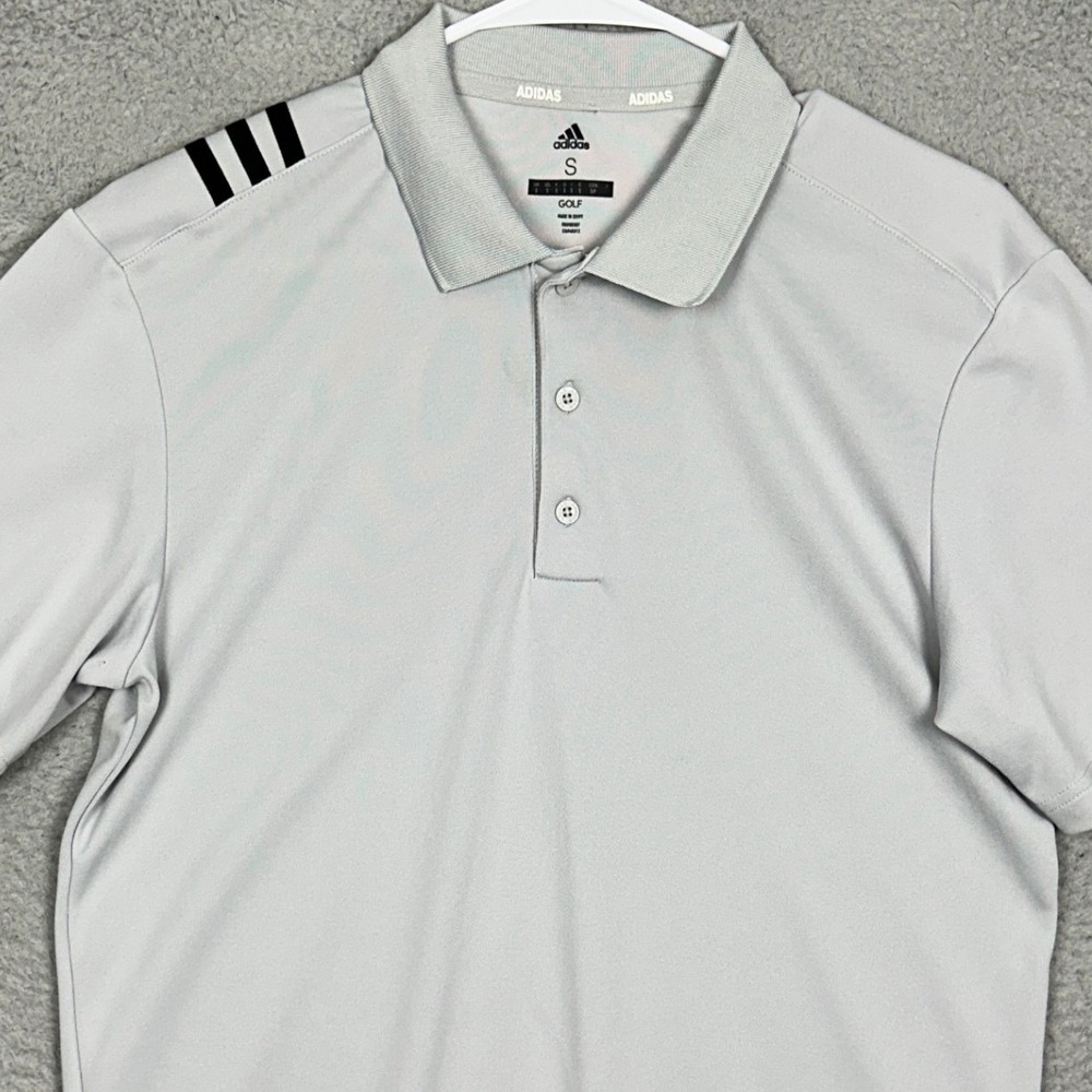 Adidas Golf Polo Men Small Grey 3-Stripe Performance Rugby Short Sleeve Athletic
